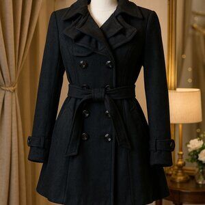 Miss London Fit‑and‑Flare Trench Coat • Black Double‑Breasted